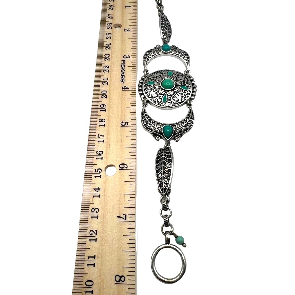 Silver Tone & Faux Turquoise Floral Filigree Bracelet A21 - Picture 10 of 10